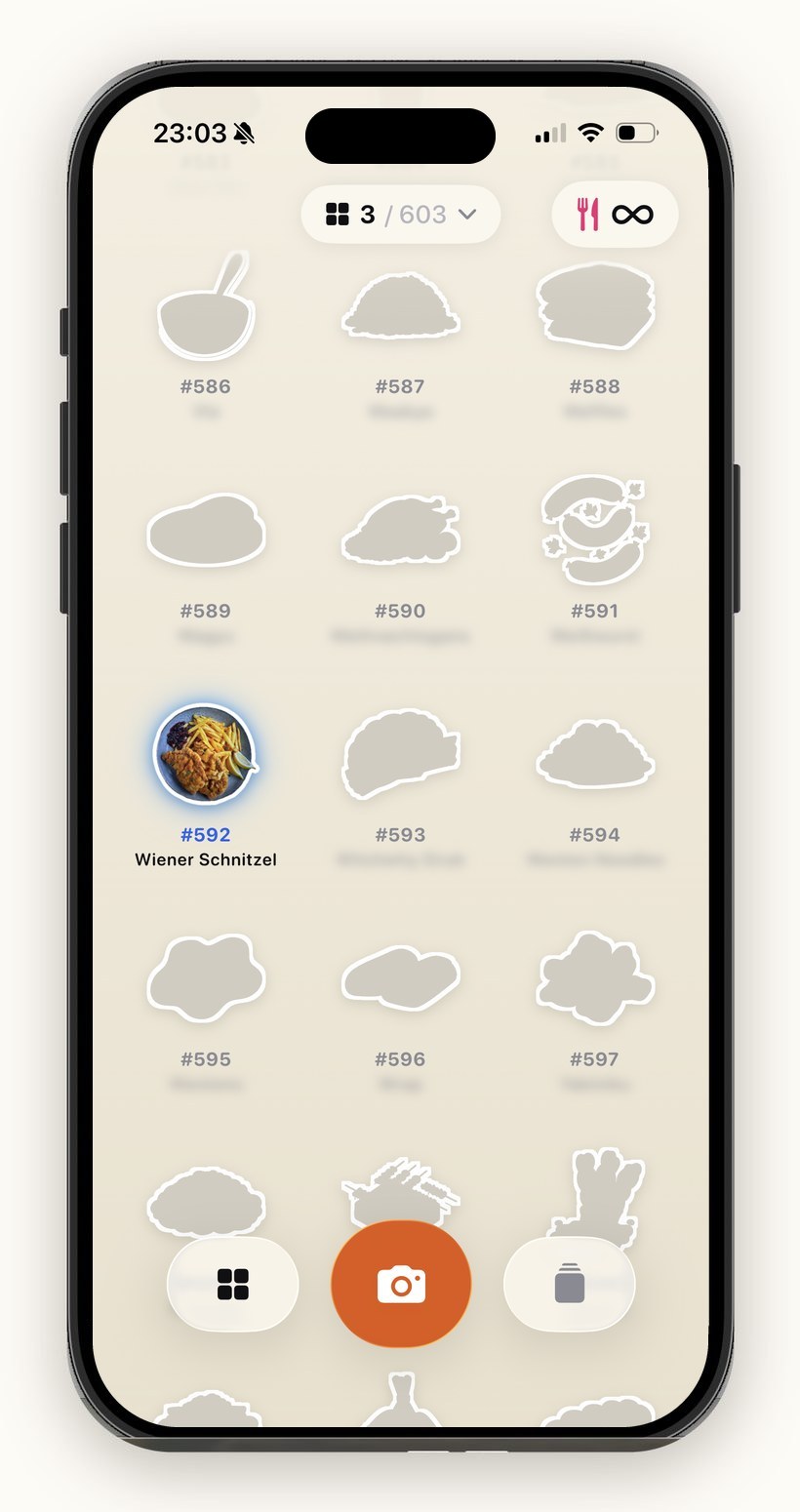 A run of numbered FoodDex slots, #592 Wiener Schnitzel caught in colour among the silhouettes