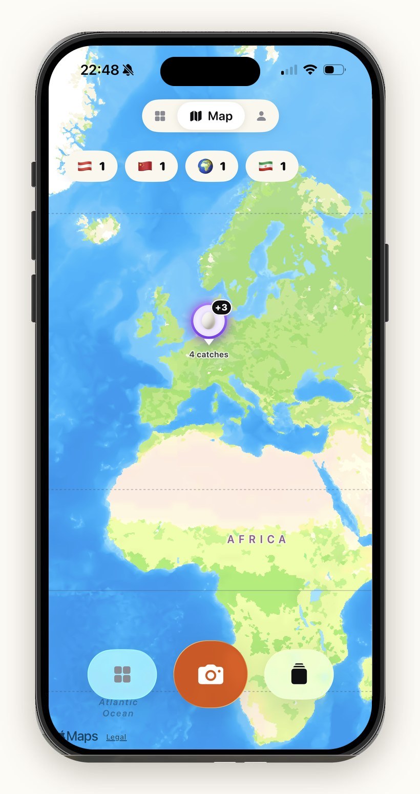 A world map with catches pinned across Europe, and per-country counts along the top